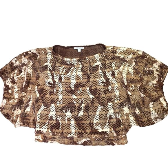 Alberto Makali Blouse Women Large Brown Chevron Crochet Knit Batwing Crop Urban - Picture 1 of 10